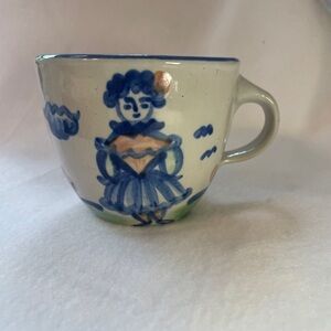 MA Hadley Pottery Farmer Coffee Tea Cup Mug Hand-painted Blue and White The End